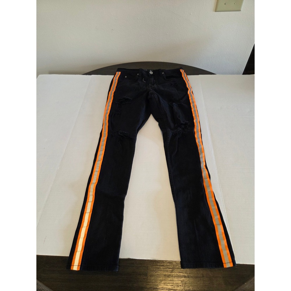 Rogue Mens Skinny Distressed Black Jeans Orange Reflective Side Stripe 30W